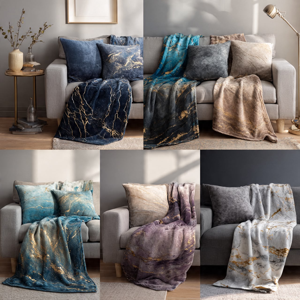 Marble gold plush throws styled on sofas